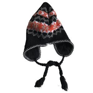 Knit Hat with Ear Flaps Intarsia Chunky Tie Neck Winter Cap Apres Ski Snowboard